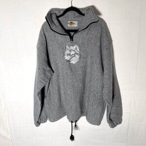 Vintage Earth Ragz Grey Embroidered Wolf Mock Neck Pullover 1/4 Zip Sweater XXL